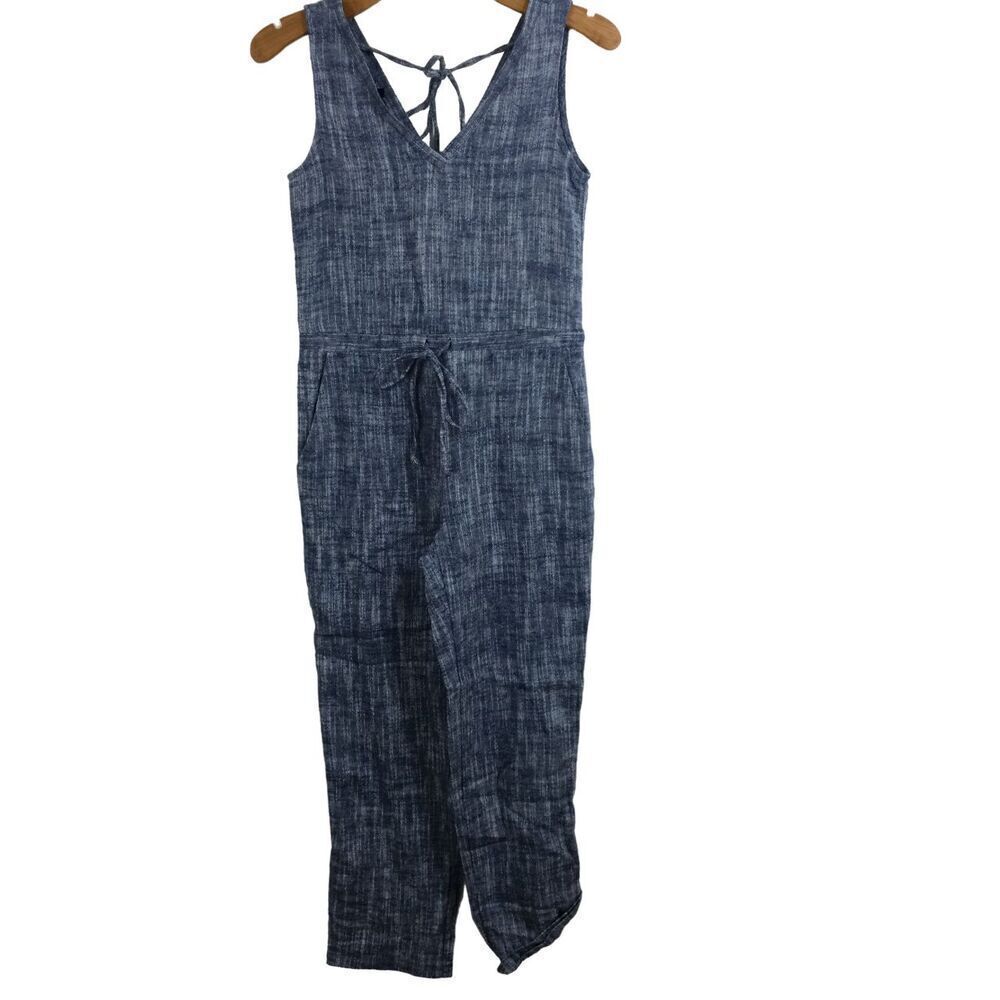 Drew Sleeveless Chambray Blue linen Tie Waist Jumpsuit Blue Size XS